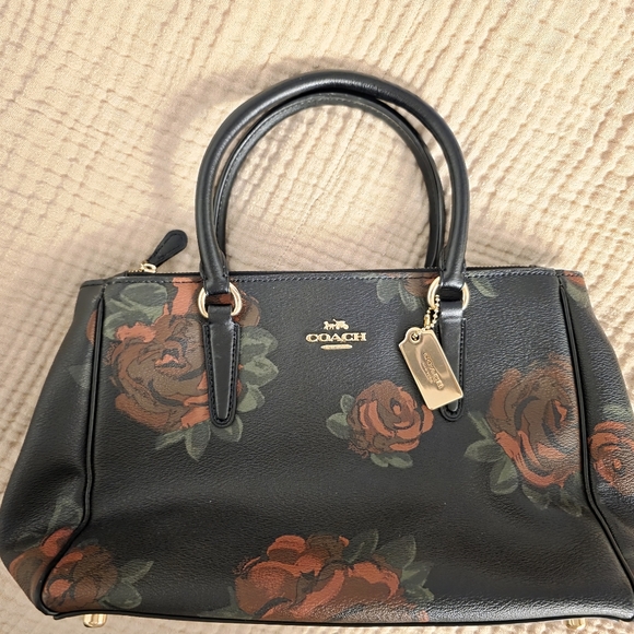 Coach Mini Surrey Carryall Black and Red Floral Satchel - Picture 1 of 9